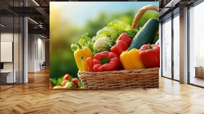 Basket of fresh vegetables in sunny garden Wall mural