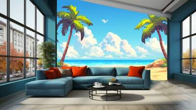 Cartoon beach paradise, sunkissed sands, swaying palm trees, and a vibrant blue sky in whimsical tropical  Wall mural