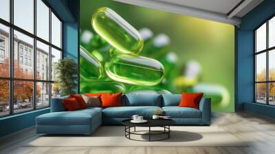 Close-up of green supplement capsules with soft lighting Wall mural