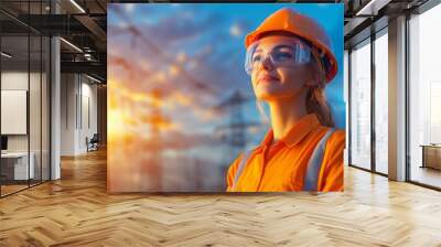 Confident Female Engineer in Hard Hat at Sunset Wall mural