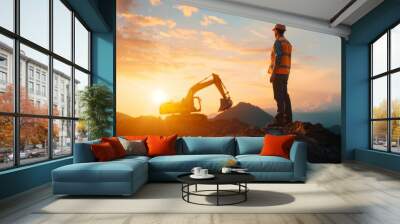 Construction Worker Overseeing Excavator at Sunset Wall mural