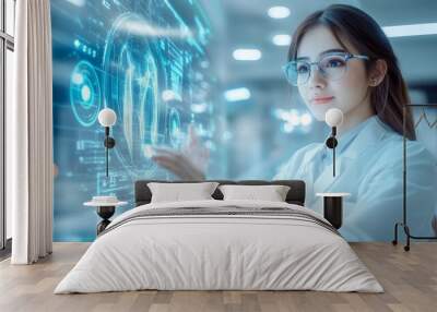 Female Scientist Interacting with Holographic Interface in Lab Wall mural