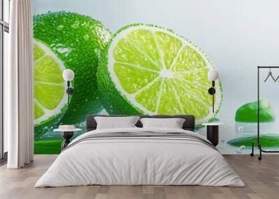 Fresh Green Lime Slice with Water Droplets on White Background Wall mural