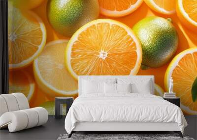 Fresh Sliced Oranges and Limes on Yellow Background Wall mural