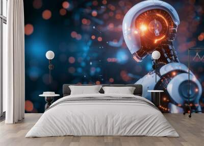 Futuristic Robot Head with Glowing Lights and Bokeh Background Wall mural