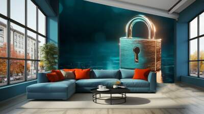 Golden Padlock on a Blue Background with Bokeh Wall mural