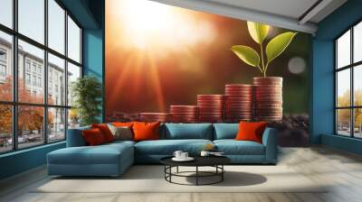 Growing Money   Plant Sprouts from Stack of Coins in Soil Wall mural