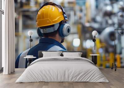 Industrial Worker Wearing Safety Gear and Headphones Wall mural