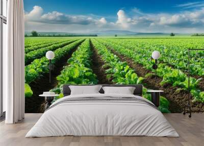 Lush Green Vegetable Field Under Blue Sky Wall mural