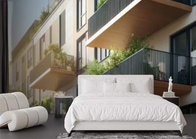 Modern apartment building with balconies and green plants Wall mural