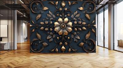 Ornate Gold Floral Pattern on Dark Blue Background Wall mural