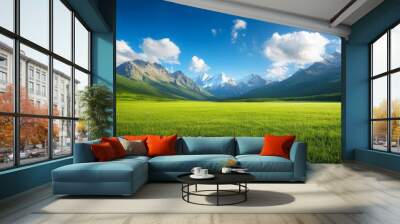 Scenic green meadow with snow-capped mountains and blue sky Wall mural