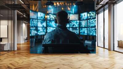 Security operator monitoring multiple screens in a central control room, showcasing technology, surveillance, and security management. Wall mural