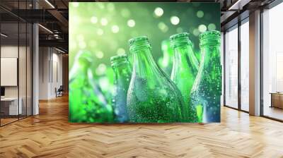 Sparkling water bottles, refreshing hydration in a collection of green glass refreshment Wall mural