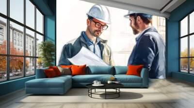 Two Construction Workers Discussing Plans Wall mural