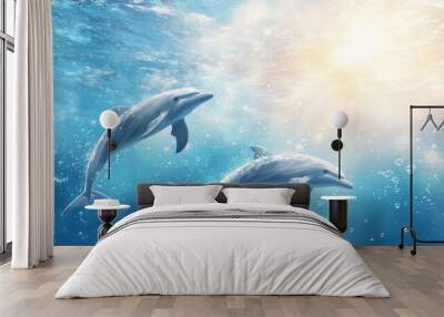 Two Dolphins Swimming in the Ocean with Sunlight and Bubbles Wall mural