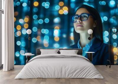 Woman Looking Up With Tablet in Blue Bokeh Lights Wall mural