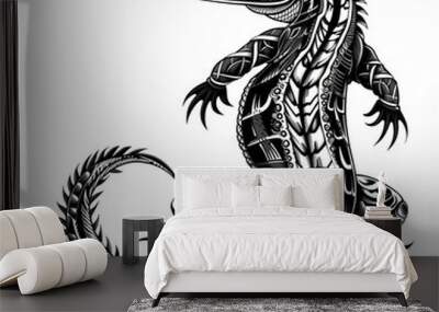 black and white tribal crocodile illustration Wall mural