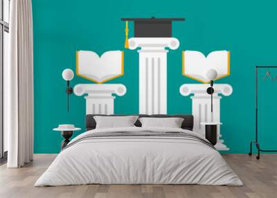 Greek column with mortar board and books. Antique pillar and graduation toga cap. Wall mural