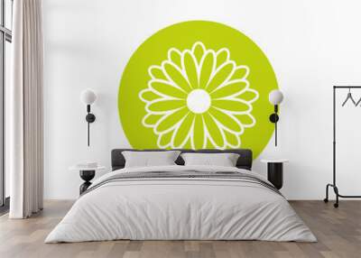 Green flat icon of chrysanthemum flower with white outline in green circle. Big Bloom with big oval petals Wall mural