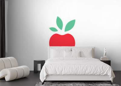 red apple with green leaves icon. Flat pictogram isolated on white. Wall mural