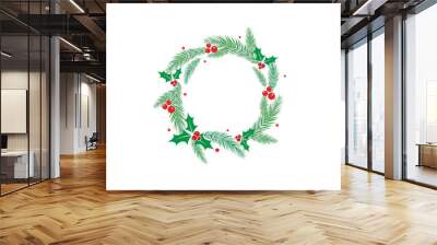 Round wreath with fir tree or spruce twigs and red holly berries. winter holiday garland. Wall mural