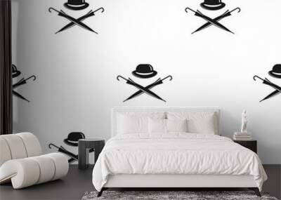 Seamless gentleman pattern on white background. Silhouette of bowler hat and crossed cane umbrellas. Wall mural