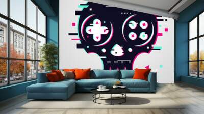 Game over glitchy sign with skull and gamepad. Video game symbol. Gamer poster. Wall mural