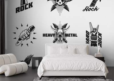 Rock music icon set. Vintage black emblem collection isolated on white. Wall mural