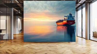 A cargo ship sailing on a calm sea, representing the global shipping industry and international trade. Wall mural