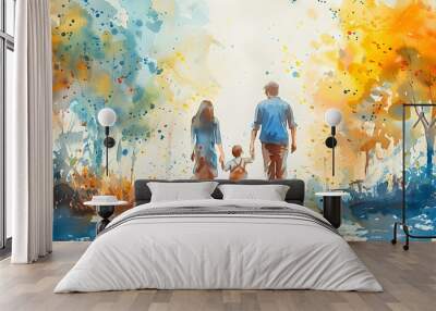 A colorful watercolor painting depicting a happy family enjoying a playful and joyful moment together. Wall mural