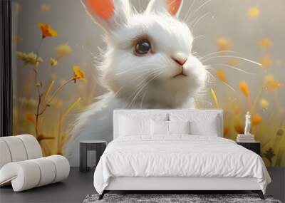 A cute and fluffy white rabbit sitting on the grass, representing domestic wildlife and the joy of Easter celebrations. Wall mural