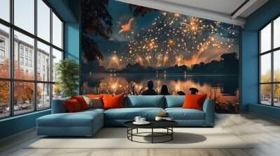 A family and their dogs watching fireworks over a lake on the 4th of July - Independence Day - American holiday - New Years. Wall mural