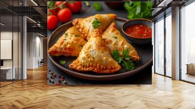 A golden, crispy samosa served on a plate, a delicious and savory Indian snack or appetizer. Wall mural