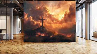 A holy cross symbolizing the death and resurrection of Jesus Christ, shrouded in light and clouds over Golgotha hill. Wall mural