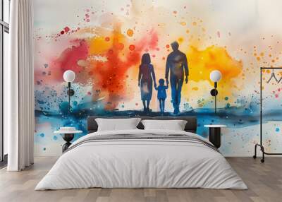 A joyful family portrayed in watercolor style, capturing the bond and happiness among parents and children. Suitable for family-related content, vacation promotions, and art appreciation. Wall mural