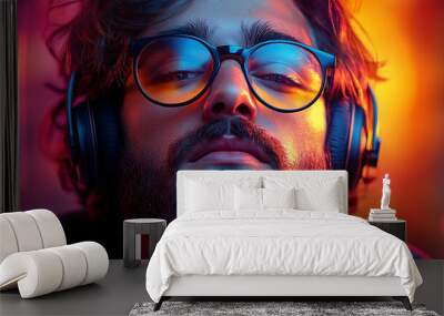 A portrait of a hipster man listening to music against a colorful background. Wall mural