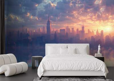 A vibrant urban landscape with buildings and skyscrapers against a blue morning sky. Wall mural