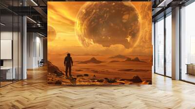 An alien world desert scene featuring a figure in the foreground, reminiscent of the movie 'Dune' and 'Men in Black'. Suitable for science fiction, fantasy, and exploration themes. Wall mural