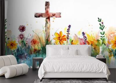 Christian cross clipart with watercolor Easter theme border and banner. Suitable for religious holiday decorations and art projects. Wall mural