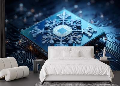 Christmas Greeting, Glittering Snowflake Microchip on Blue Background Wall mural