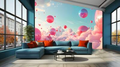 Colorful balloons in the sky, resembling a surreal 3D landscape with pink and aquamarine tones. Wall mural