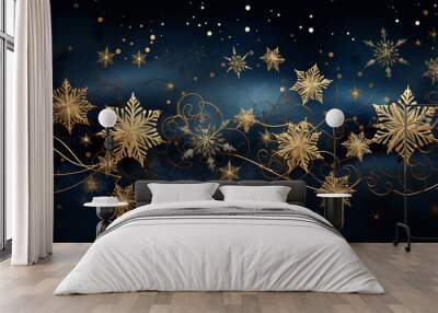 Elegant Winter Wonderland, Golden Accented Navy Snowflakes on a Magical Background Wall mural