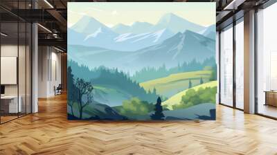 flat 2d illustration of a mountain landscape, panoramic view, art, generative ai Wall mural