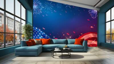 Happy Independence Day banner design featuring USA flag and fireworks background. Suitable for 4th of July celebrations and patriotic events. Wall mural