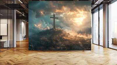 Holy cross symbolizing the death and resurrection of Jesus Christ with the sky over Golgotha hill shrouded in light and clouds, apocalypse concept Wall mural