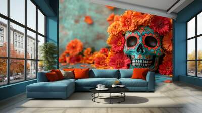 Mexican skull for Day of the Dead celebration with flowers, a symbol of remembrance and spirituality Wall mural