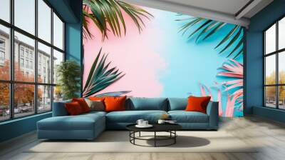 Painted palm leaves on pastel pink and blue background with copy space. Tropical summer concept minimal flat lay for art and decoration. Wall mural