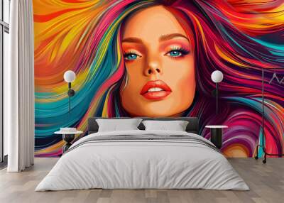 Portrait illustration of an attractive young model woman advertising a hair coloring salon, showcasing her stylish and trendy look. Wall mural