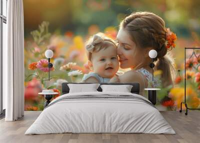 Portrait of young charming mother with little baby playing together in park green floral garden Wall mural